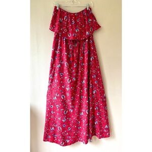 Japna Red Strapless Floral Maxi Tank Dress Side Leg Slit Elastic Waist Size L